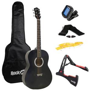 lot 52101 image: RockJam Acoustic Guitar Superkit Includes Stand, Gig Bag, Tuner, Picks, Plectrum Holder, Spare Strings & Online Lessons 6 Pack, Right, Black, Full (RJW-101-BK-PK)-Retail-$89.99