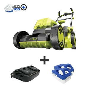lot 55074 image: Sun Joe 24V-X2-16LM 48-Volt iON Cordless 16-Inch Brushless Walk Behind Lawn Mower Kit - Retail $299.00