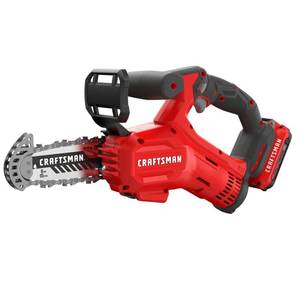 lot 55084 image: CRAFTSMAN V20 Cordless Pruning Saw, 6 Chain, Small Chainsaw with Battery and Charger Included (CMCCS320D1)-Retail-$129.99