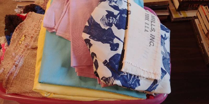 lot 319 image: Plastic Bin of Vintage Fabric and Crocheted Throws