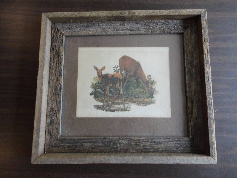 lot 138 image: White-Tailed Deer Framed Litho Plate GREAT WOODEN FRAME