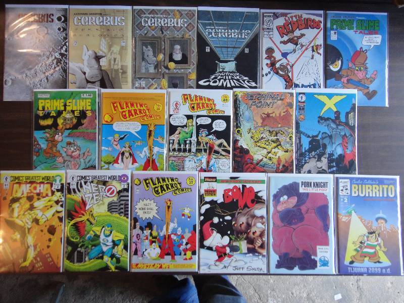 lot 1430 image: Huge Lot of AMAZING Cult Comic Books (MYSTERY MEN ORIGIN IN FLAMING CARROTS)