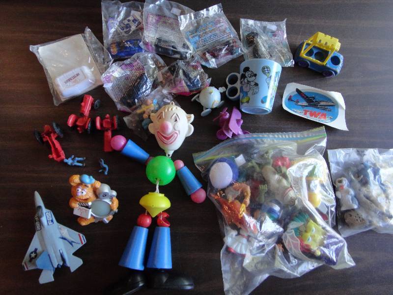 lot 1629 image: Vintage Toy Lot Clown, Mickey Mouse Cup. McDonalds Hotwheels, Fozzy, Sponge Bob, Donkey, MORE