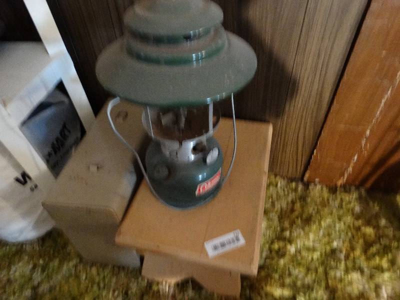 lot 732 image: Wood stool coleman lantern metal box