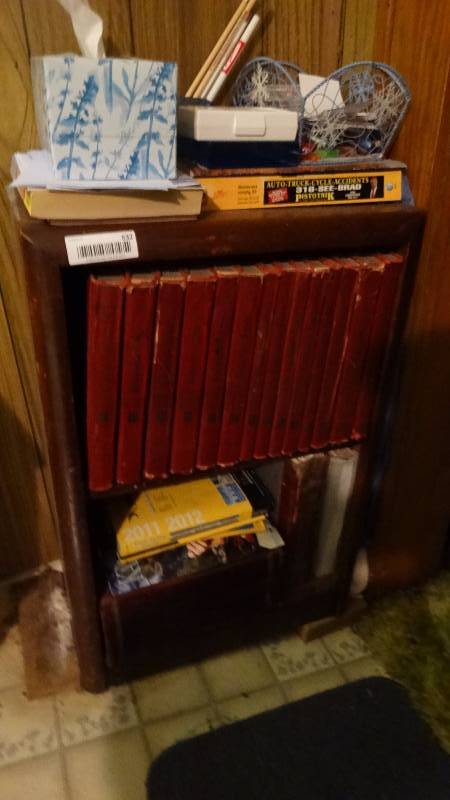 lot 632 image: Wood bookshelf w contents- Antique Dictionary books misc.