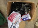Box of power cords, misc cords , netgear powerline 500, and security signs