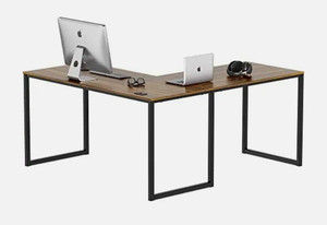 lot 36516 image: Nestfair L-shape Metel Frame Home Office Desk, Light Brown