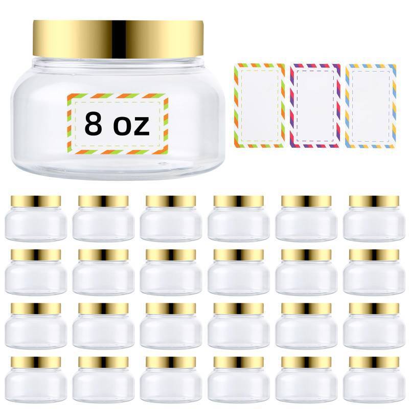 lot 44165 image: Entjor 24 Pack 8 Oz Plastic Containers With Lids and Waterproof Label BPA Free - Refillable Transparent Cosmetic Containers for Body Butter,Sugar Scrubs,Cream,Lotions,Candy,Bath Salt (Gold)