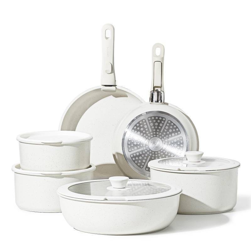 lot 44178 image: CAROTE 12pcs Pots and Pans Set, Non Stick Cookware Set Detachable Handle, Induction Kitchen Cookware Sets Nonstick with Removable Handle, RV Cookware Set, Oven Safe - Retail - $109.99