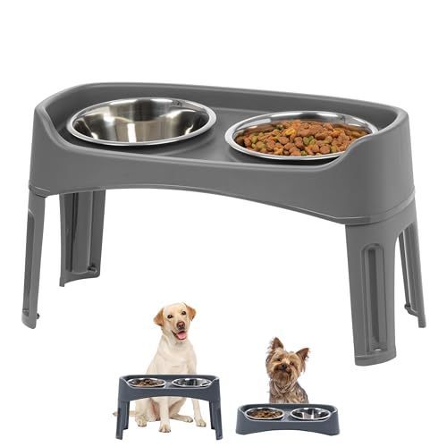 lot 44199 image: IRIS USA 12 Elevated Dog Bowls with Two 2 Qt Stainless Steel Bowls and Removable Legs, Small to Large Dogs, Raised Dog Bowls, Raised Outer Rim for Easy Clean Up, Durable Plastic, Dark Gray
