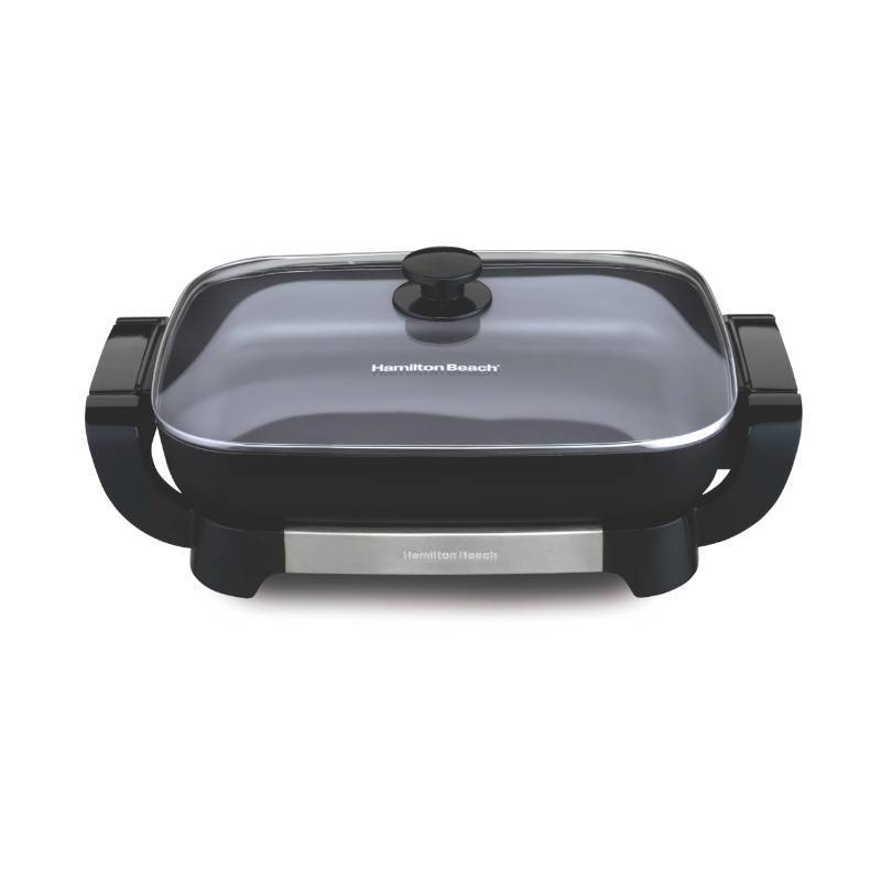 lot 44228 image: Hamilton Beach Durathon Ceramic Electric Skillet with Removable 12x15�� Pan, Adjustable Temperature, Reversible Design, Tempered Glass Lid, Black Nonstick Surface (38531) - Retail - $59.99