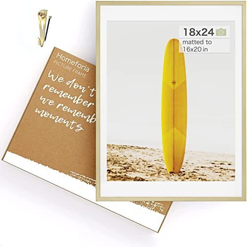 lot 46544 image: Homeforia 18x24 inch Gold Metal Picture Frame - Aluminum 18 x 24 Picture Frames For Wall - 18 by 24 Poster Photo Frame - Tempered Glass - Wall Hook Included - Set of 1