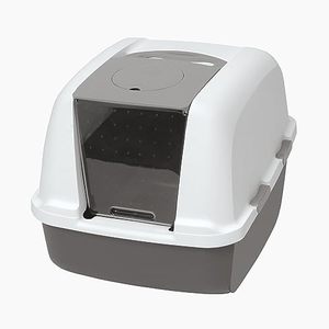 lot 46801 image: Catit Airsift Jumbo Hooded Cat Litter Pan, Warm GrayWhite - Privacy and Easy Access for Cleaning - Ideal for Larger Cat Breeds or Multiple Cat Households