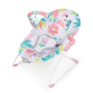 lot 46818 image: Bright Starts Baby Bouncer Soothing Vibrations Infant Seat - Removable-Toy Bar, Nonslip Feet, 0-6 Months Up to 20 lbs (Flamingo Vibes, Pink)