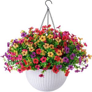 lot 46833 image: HyeFlora Artificial Faux Hanging Plants Flowers Basket for Outdoor Outside Spring Summer Decoration, Fake Silk UV Resistant Realistic Colorful Daisy Eucalyptus in Planter for Porch Patio Balcony Home