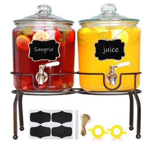 lot 46842 image: 1-Gallon Drink Dispenser,Glass Drinking Dispenser with Glass Lid,Mason Drink Dispenser for Parties, Bar, Wedding, Homemade Juice, Laundry Detergent Dispenser,Picnics, Barbecues and Daily,2 pcs