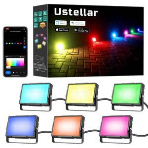 lot 41722 image: USTELLAR Smart RGB Flood Light Outdoor 40W, Color Changing Led Landscape Lights, RGBW 2700K Spotlight App Control Works with Alexa,16 Million Colors & Timing & Music Sync, IP66, Plug & Play (6 Pack)