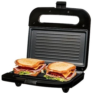 lot 41733 image: OVENTE Electric Panini Press Grill with Nonstick Plates, LED Indicator Lights, Thermostat Control, Cool Touch Handle, Compact Sandwich Maker Perfect for Cooking Breakfast, Snacks & More, Black GP0401B