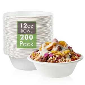 lot 41743 image: Vplus 200 Pack 12 OZ Paper Bowls, Disposable Compostable Bowls Bulk, Eco-friendly Bagasse Bowls, Heavy-duty Bowls Perfect for Milk Cereals, Snacks, Salads