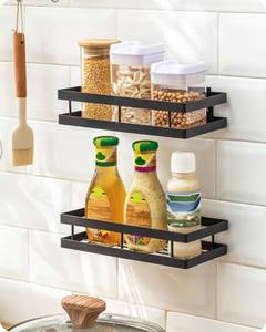 lot 41747 image: Metal Spice Rack Wall Mount Floating Shelves 2 Pack Black Storage organizer for Cabinet Door Pantry Kitchen Bathroom Supplies (9.8inches length)