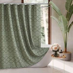 lot 41790 image: Siiluminisoy Sage Green Boho Shower Curtain Woven Fabric Cute Shower Curtain, 72 x 72 Tufted Chevron Textured Striped Modern Farmhouse Minimalist Cloth Shower Curtain for Bathroom