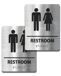 lot 41792 image: ADA-Mark Modern Restroom Sign for Business - 2PK ADA Compliant Braille Bathroom Sign with Easy Installation - 6 W x 8 H