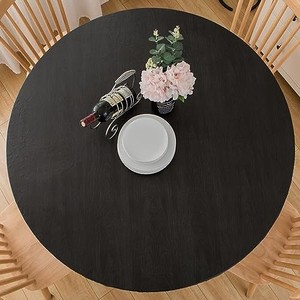lot 41805 image: Round Vinyl Fitted Tablecloth with Flannel Backing Elastic Table Cloth Waterproof Oil-Proof Plastic Table Cover (Black, Small Round Fits Table up 40-44 Diameter)