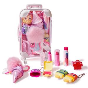 lot 41821 image: MAKE YOU UP 8Pcs Lip Glosses Care Set with Suitcase, Glitter Popsicle Shape Fruity Flavors Lip Glosses Lipsticks in Realistic Suitcase Toy for Kids Makeup Ages 5, Non Toxic & Kids Friendly