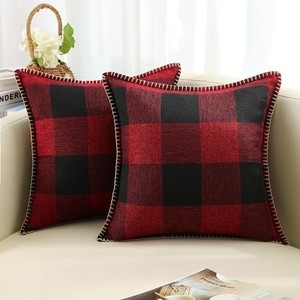 lot 41875 image: decorUhome Christmas Buffalo Plaid Check Throw Pillow Covers 20x20 Set of 2, Farmhouse Decorative Pillow Covers with Stitched Edge for Bed Couch Sofa, Red and Black