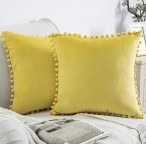 lot 41890 image: Top Finel Decorative Pillow Covers 16x16 Set of 2, Yellow Velvet Throw Pillow Cover with Pom Poms for Sofa Couch Square Cushion Covers for Bedroom Livingroom Spring Easter Home Decor