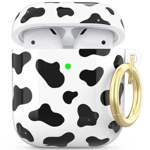 lot 41906 image: NIUTRENDZ Cute Cow Print Case for AirPods Case Cover IMD Design Hard TPU Shockproof Front LED Visible Wireless Charging Protective Skin Compatiable with AirPods 2&1 (Black)