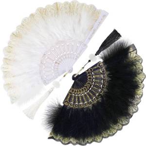 lot 41944 image: 2 Pieces Feather Hand Fan Embroidered Flower Marabou Feather Fan 1920s Feather Fan Hand Fan Folding Hand Fan Drag Queen Fan for 20s Women Costume Party Dancing Photoshoot Wedding Decor (White, Black)