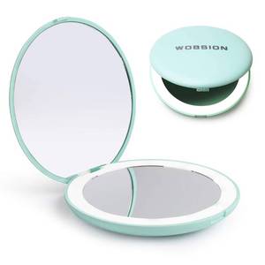 lot 41945 image: wobsion LED Lighted Travel Makeup Mirror, 1x10x Magnification, Compact, Portable for Handbag, Purse, Pocket, 3.5 inch Illuminated, Folding, Handheld, 2-Sided , Round, Cyan