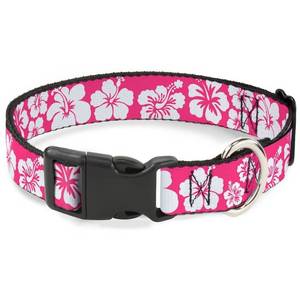 lot 41971 image: Buckle-Down Plastic Clip Collar - Hibiscus Neon PinkWhite - 1 Wide - Fits 11-17 Neck - Medium