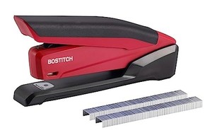 lot 41988 image: Bostitch Office Executive 3 in 1 Stapler, Includes 210 Staples and Integrated Staple Remover, One Finger Stapling, No Effort, 20 Sheet Capacity, Spring Powered Stapler, Red