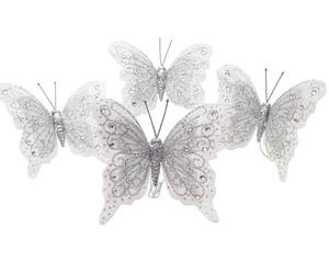 lot 41991 image: Set of 12 Glitter Monarch Feather Butterflies on Wire for Floral Arrangements and DIY Decorations (Silver)
