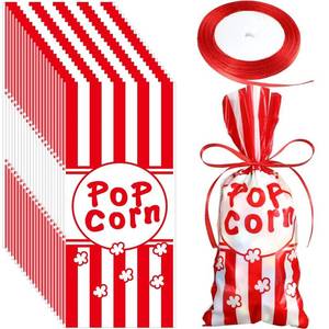 lot 42028 image: Outus 100 Pcs Carnival Popcorn Bags Bulk Carnival Candy Bags Red and White Stripe Cellophane Treat Bags Goody Bags with a Roll of Red Ribbon for Party Favor Supply Cookie Cupcake Wrapping