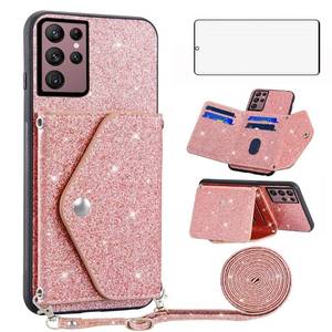 lot 42032 image: Asuwish Phone Case for Samsung Galaxy S22 Ultra 5G Wallet Cover with Tempered Glass Screen Protector and Crossbody Strap Lanyard Bling Glitter Credit Card Holder S22ultra 22S S 22 S22ultra5g 6.8 Pink