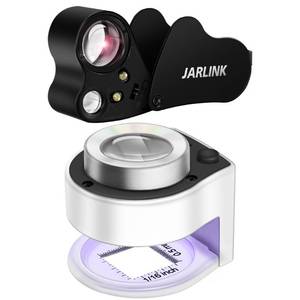 lot 42057 image: JARLINK 2 Pack 30X 60X Jewelers Loupe, Foldable Jewelry Magnifier with Bright LED Light, Desktop Loupe Magnifier with 3 LED Light and 3 UV Light for Gems, Jewelry, Coins, Stamps (White & Black)