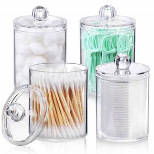 lot 42060 image: 4 PACK Qtip Holder Dispenser for Cotton Ball, Cotton Swab, Cotton Round Pads, Floss Picks - Small Clear Plastic Apothecary Jar Set for Bathroom Canister Storage Organization, Vanity Makeup Organizer