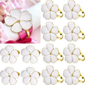 lot 42061 image: Patelai - 12 Pcs White Flower Napkin Rings Set, Holiday Gold Napkin Ring Holder Floral Serviette Buckles for Wedding Party Banquet Thanksgiving Halloween Dinner Table Decor and Daily Use