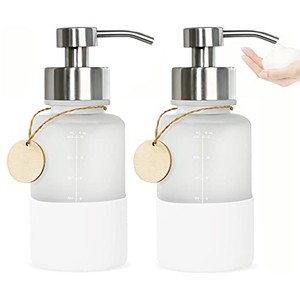 lot 42075 image: Roetell Glass Foaming Soap Dispenser, 2 Pack Frosted Foaming Hand Soap Dispenser, 14oz Foam Soap Dispenser with Stainless Steel Pump for Bathroom & Kitchen, Foaming Shower Soap Dispenser��White