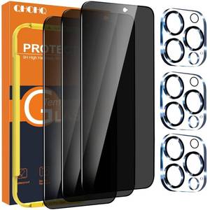 lot 42086 image: QHOHQ 3 Pack Privacy Screen Protector for iPhone 15 Pro Max 6.7 Inch with 3 Pack Camera Lens Protector, Anti Spy Tempered Glass Film, 9H Hardness, HD, Bubble Free, Case Friendly - Black