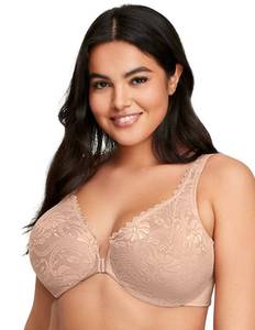 lot 42090 image: Full Figure Plus Size Wonderwire Front-Closure Stretch Lace Bra Underwire #9245 Caf�