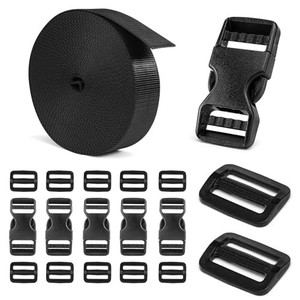 lot 42092 image: BEYOURD Buckles and Straps Set 1 6 Yards of Thick Nylon Webbing, 6-Pack Heavy Duty Adjustable Quick Side Release Plastic Buckles, 12 Tri-Glide Slide Clips, Black (1-Inch Combo Set)