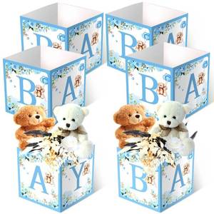 lot 42110 image: Bucherry 6 Pcs Baby Shower Party Decorations Baby Flower Boxes Centerpiece Rustic Table Display with Letters Gender Reveal Party Favor Block Holder (Blue Bear)