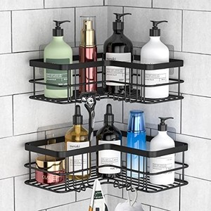 lot 42114 image: Yazoni Corner Shower Caddy, Adhesive Shower Shelves No Drilling 2-Pack, Rustproof Stainless Steel Bathroom Shower Organizer Wall Mounted with 8 Hooks (Black)