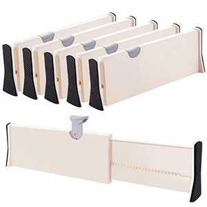 lot 42129 image: Drawer Dividers Organizer 5 Pack, Adjustable Separators 4 High Expandable from 11-17 for Bedroom, Bathroom, Closet,Clothing, Office, Kitchen Storage, Strong Secure Hold, Foam Ends, Locks in Place