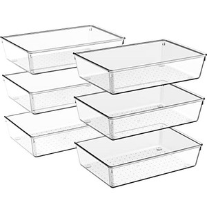 lot 42132 image: Criusia Drawer Organizer, 6 Pack Clear Plastic Drawer Organizer Bins, Versatile Organization and Storage Trays for Vanity Makeup, Bathroom, Kitchen Utensils