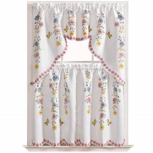 lot 42155 image: GOHD 3pcs Farmhouse Kitchen Cafe Curtain Set Air Brushed by Hand of Flowers and Butterfly Design on Thick Satin Fabric (Daisy Swing)